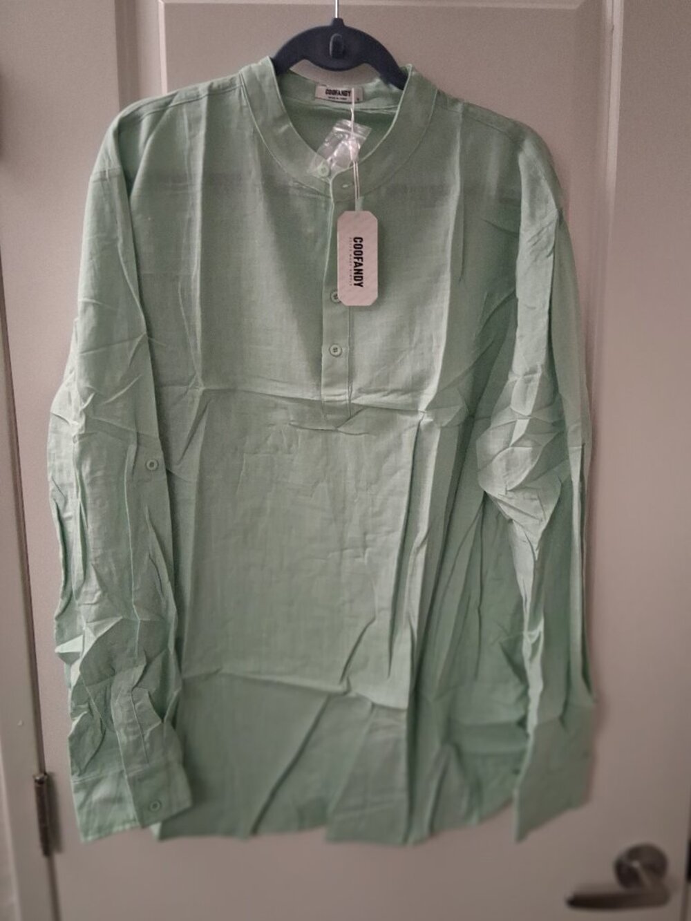Coofandy Men's Mint Green Cotton / Hemp Henry Shirt Band Collar Long Sleeve NWT